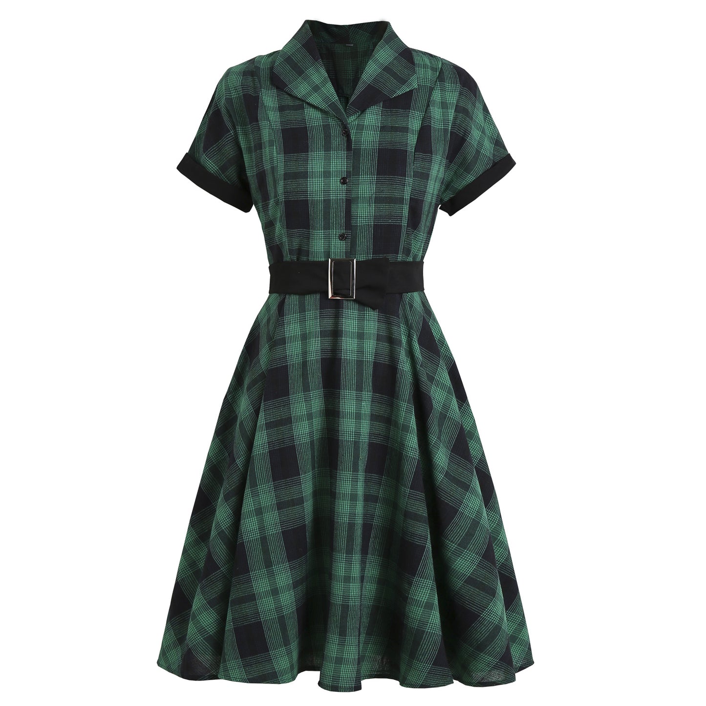 1950s Plaid Lapel Large Swing Dress