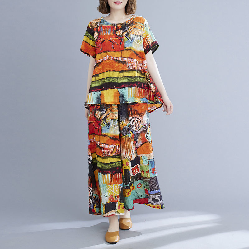 Summer Retro Short-sleeved Top + Wide-leg Pants Two-piece Suit
