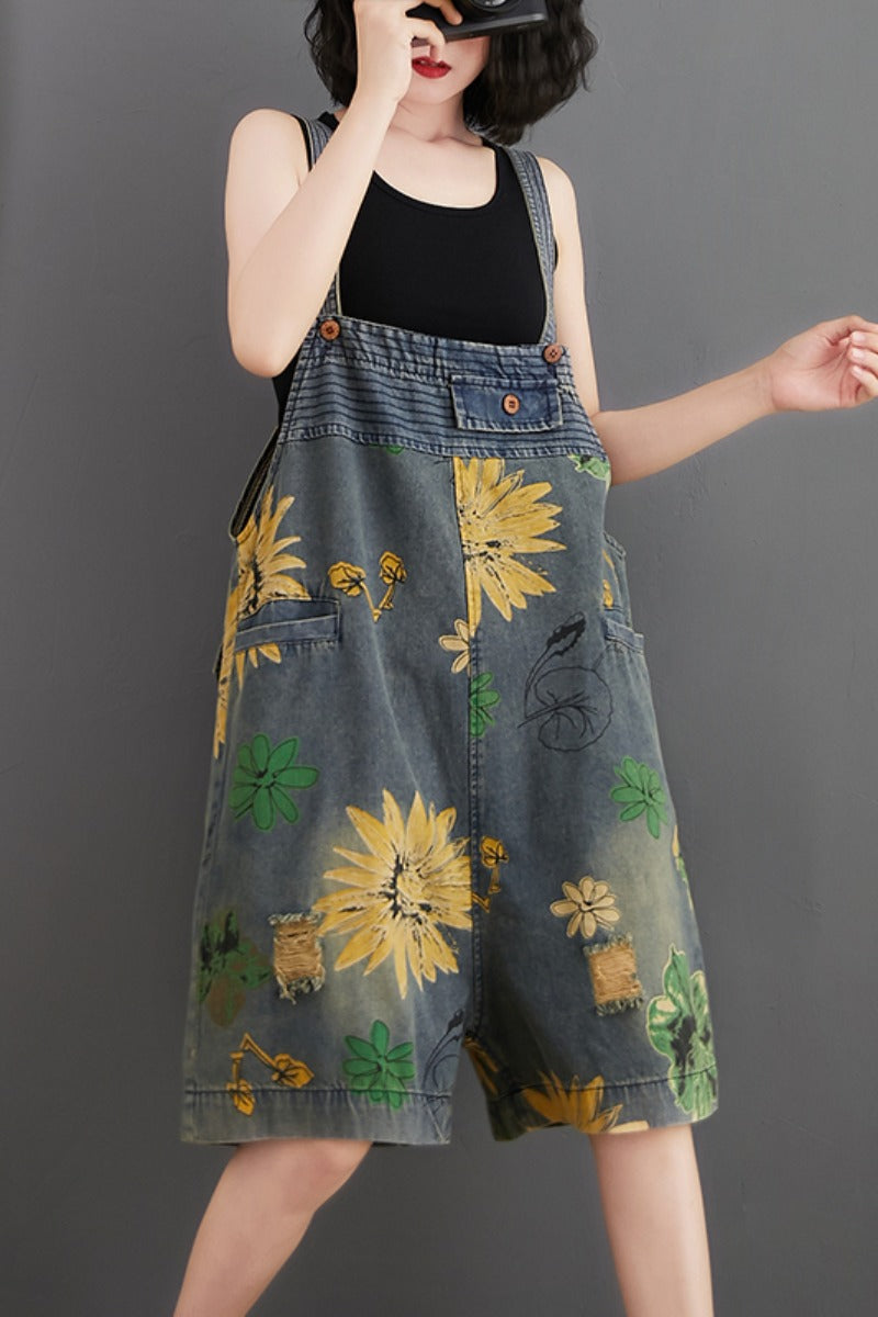 Flower Print Denim Rompers