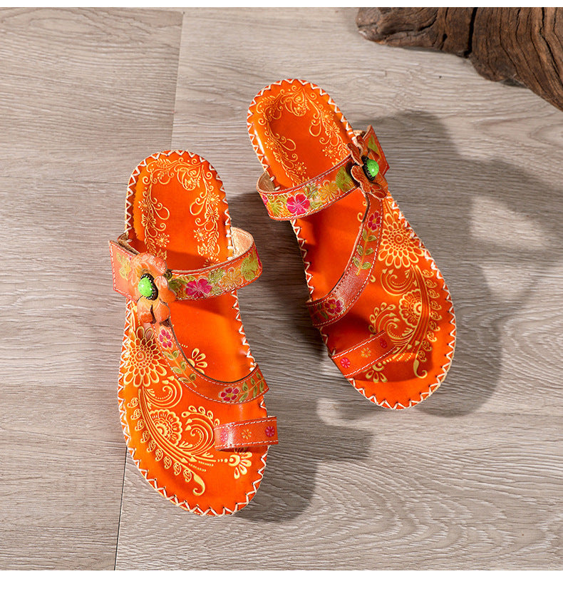 Retro Handmade Floral Wedge Flip Flops Sandals