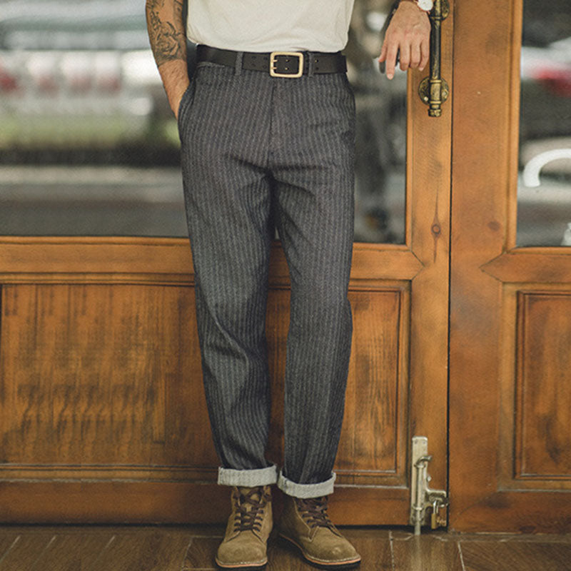 Retro Straight-leg Herringbone Twill Striped Jeans