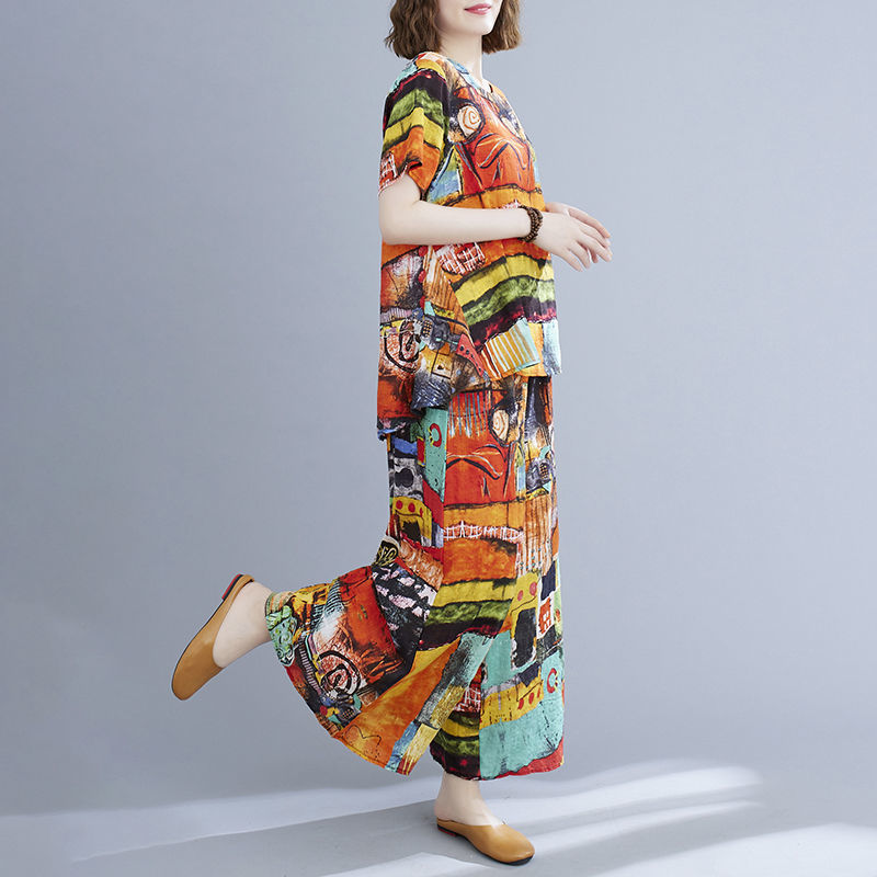 Summer Retro Short-sleeved Top + Wide-leg Pants Two-piece Suit