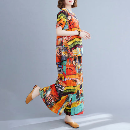 Summer Retro Short-sleeved Top + Wide-leg Pants Two-piece Suit