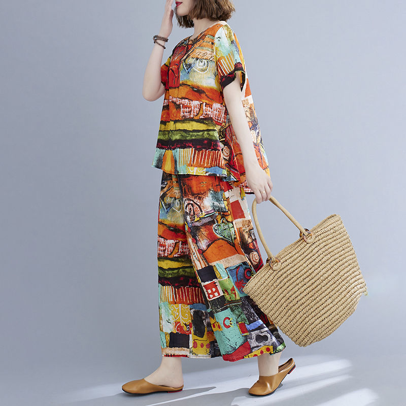 Summer Retro Short-sleeved Top + Wide-leg Pants Two-piece Suit