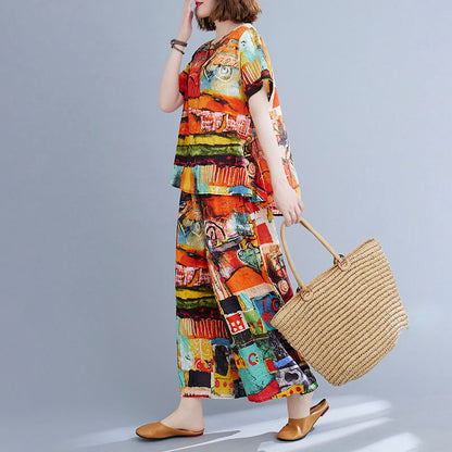 Summer Retro Short-sleeved Top + Wide-leg Pants Two-piece Suit