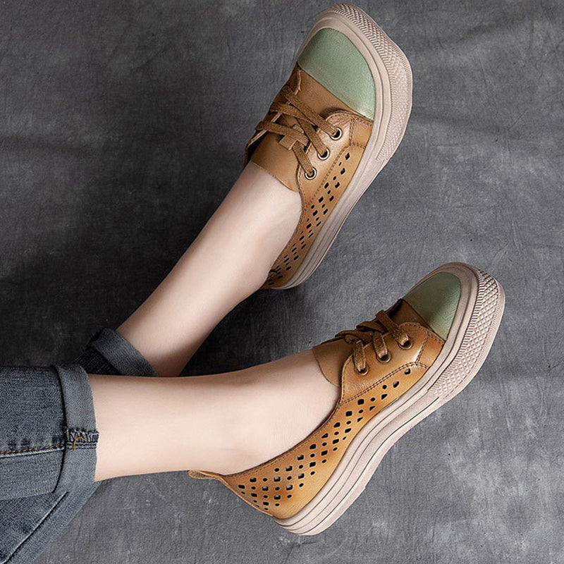 Leather Hollow Square Head Casual Shoes