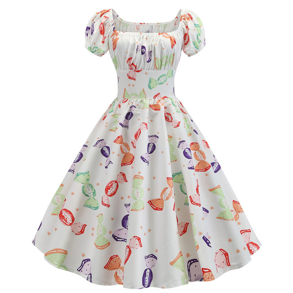 Summer Short Sleeve Square Neck Retro Printed Dress