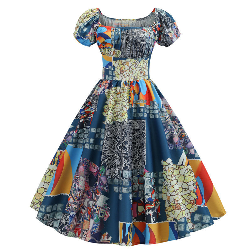 Summer Short Sleeve Square Neck Retro Printed Dress