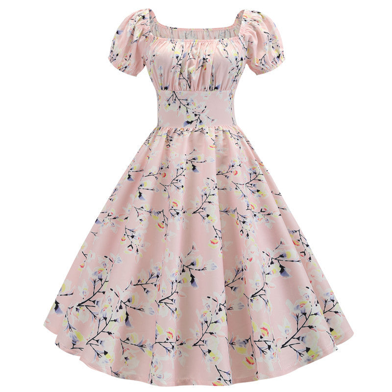 Summer Short Sleeve Square Neck Retro Printed Dress