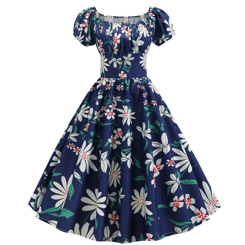 Summer Short Sleeve Square Neck Retro Printed Dress