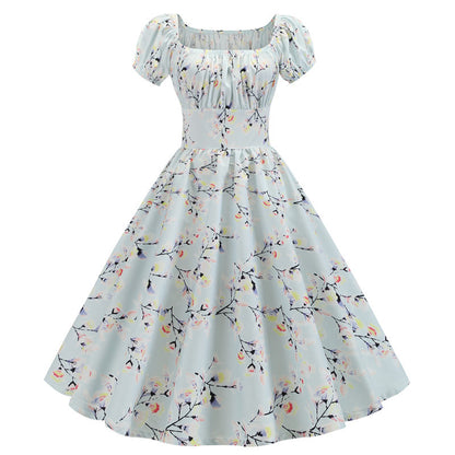 Summer Short Sleeve Square Neck Retro Printed Dress