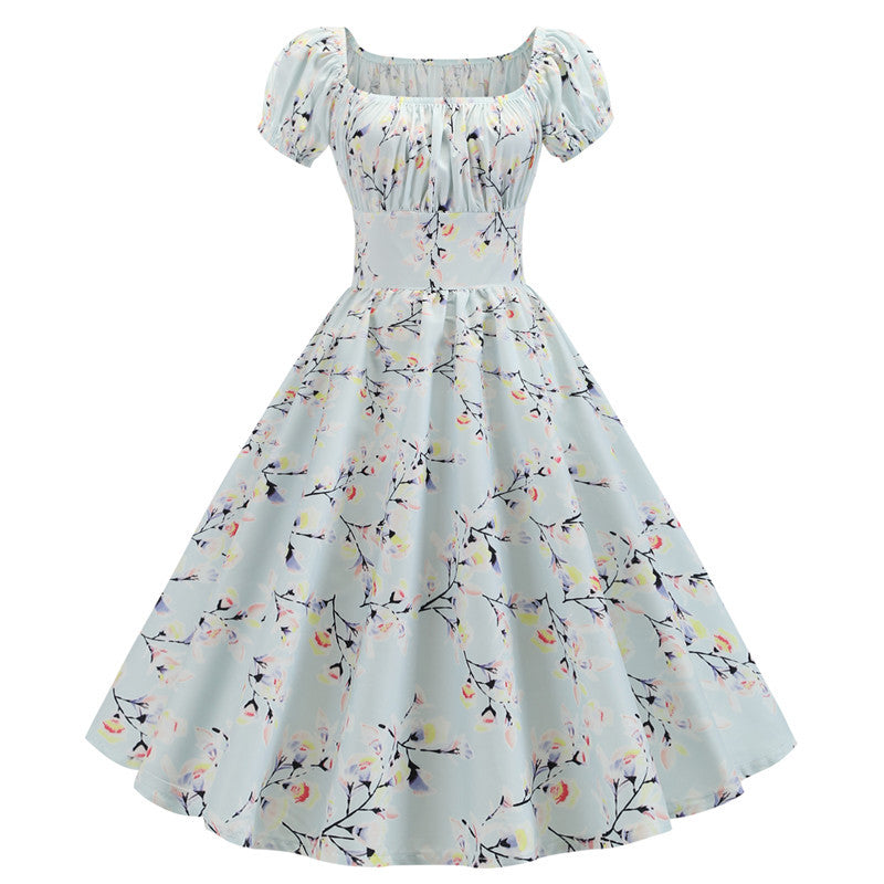 Summer Short Sleeve Square Neck Retro Printed Dress