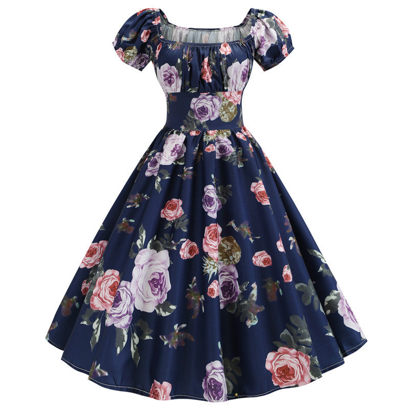 Summer Short Sleeve Square Neck Retro Printed Dress