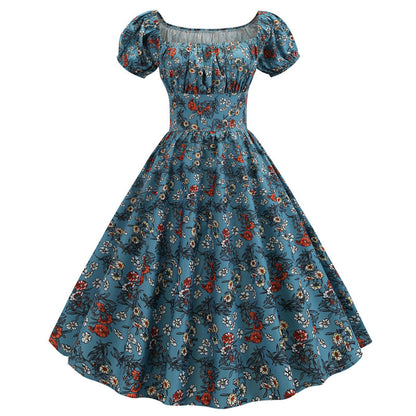 Summer Short Sleeve Square Neck Retro Printed Dress