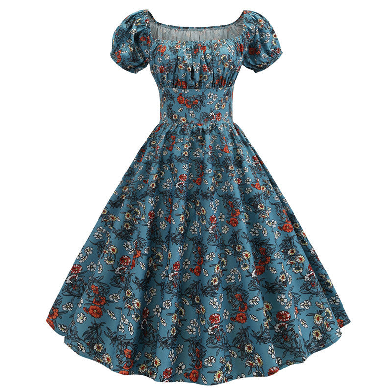 Summer Short Sleeve Square Neck Retro Printed Dress