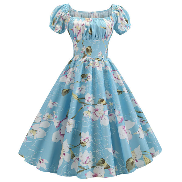 Summer Short Sleeve Square Neck Retro Printed Dress