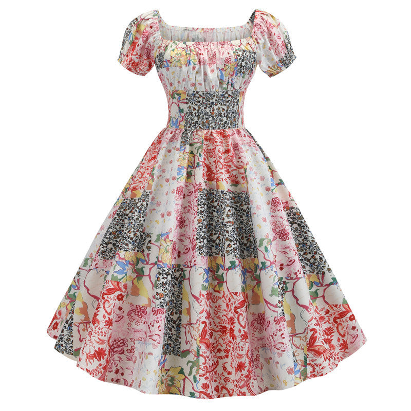 Summer Short Sleeve Square Neck Retro Printed Dress