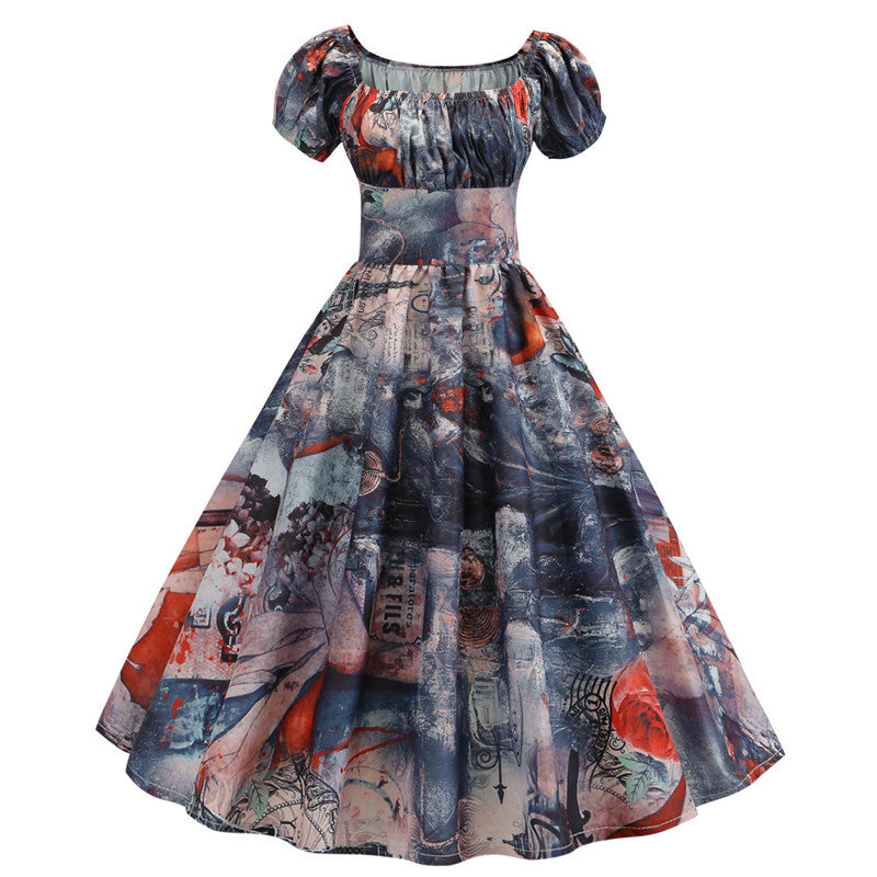 Summer Short Sleeve Square Neck Retro Printed Dress