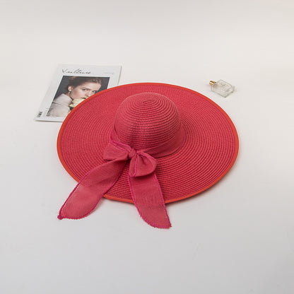 Bowknot Straw Hat Outdoor Elegant Big Brim Hat