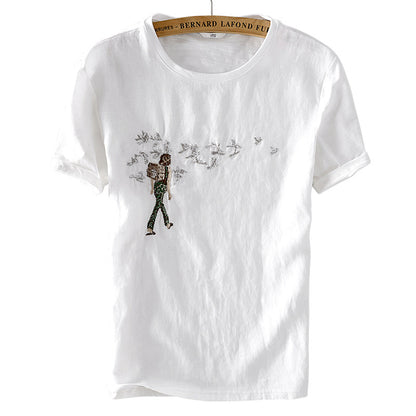 Traveler Linen Embroidered Short-sleeved T-shirt