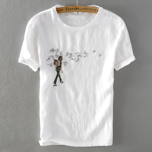 Traveler Linen Embroidered Short-sleeved T-shirt