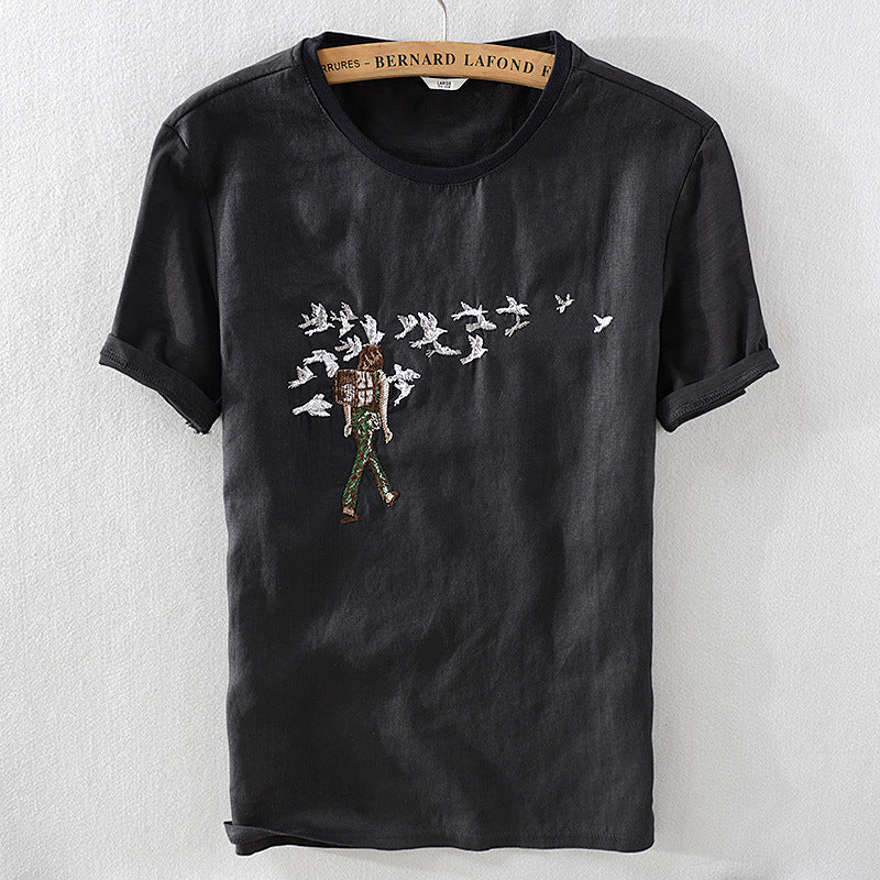 Traveler Linen Embroidered Short-sleeved T-shirt