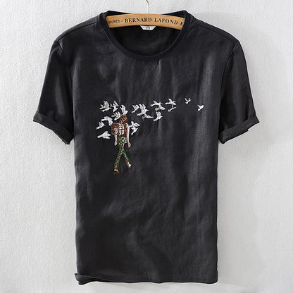 Traveler Linen Embroidered Short-sleeved T-shirt
