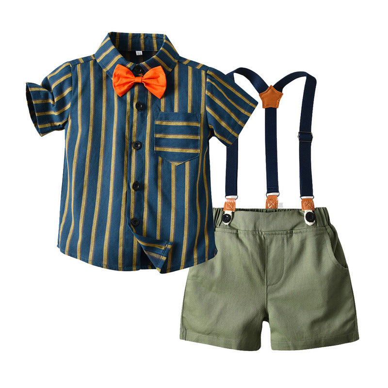 Boys Retro Striped Bow Tie Shirt + Bib Shorts Two-piece Baby Set