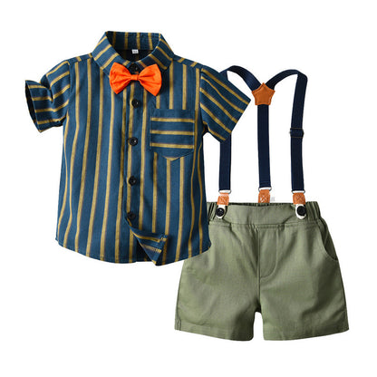 Boys Retro Striped Bow Tie Shirt + Bib Shorts Two-piece Baby Set