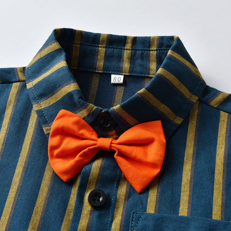 Boys Retro Striped Bow Tie Shirt + Bib Shorts Two-piece Baby Set