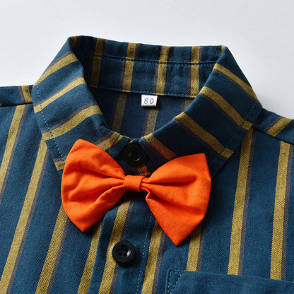 Boys Retro Striped Bow Tie Shirt + Bib Shorts Two-piece Baby Set
