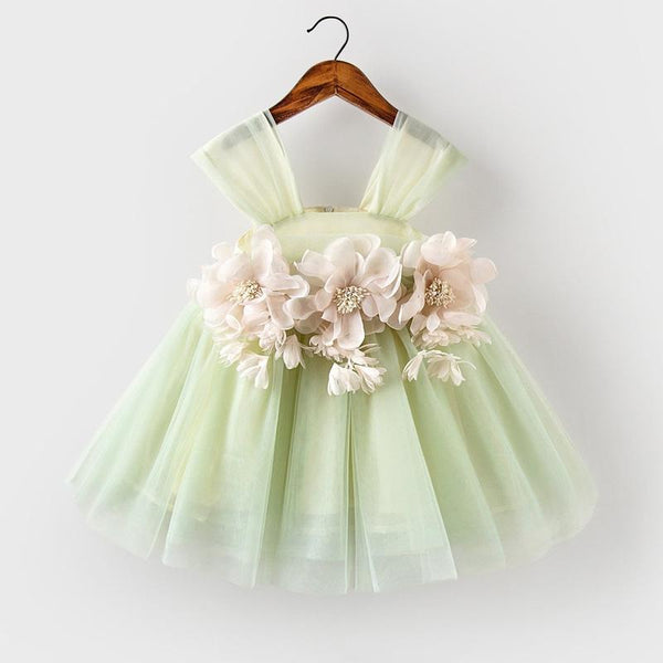Green Flowers Fluffy Princess Dress