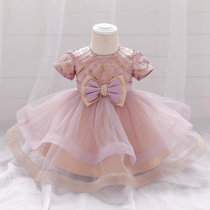 Girls Newborn Sequin Embroidered Puffy Birthday Dress