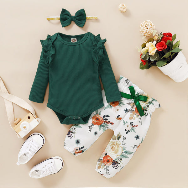Solid Color Striped Top + Floral Print Trousers Three-piece Suit