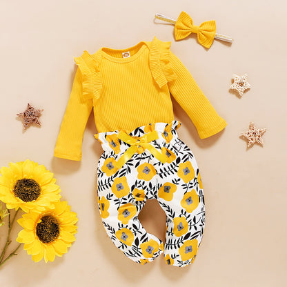 Solid Color Striped Top + Floral Print Trousers Three-piece Suit