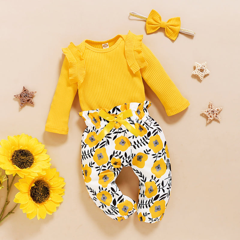 Solid Color Striped Top + Floral Print Trousers Three-piece Suit