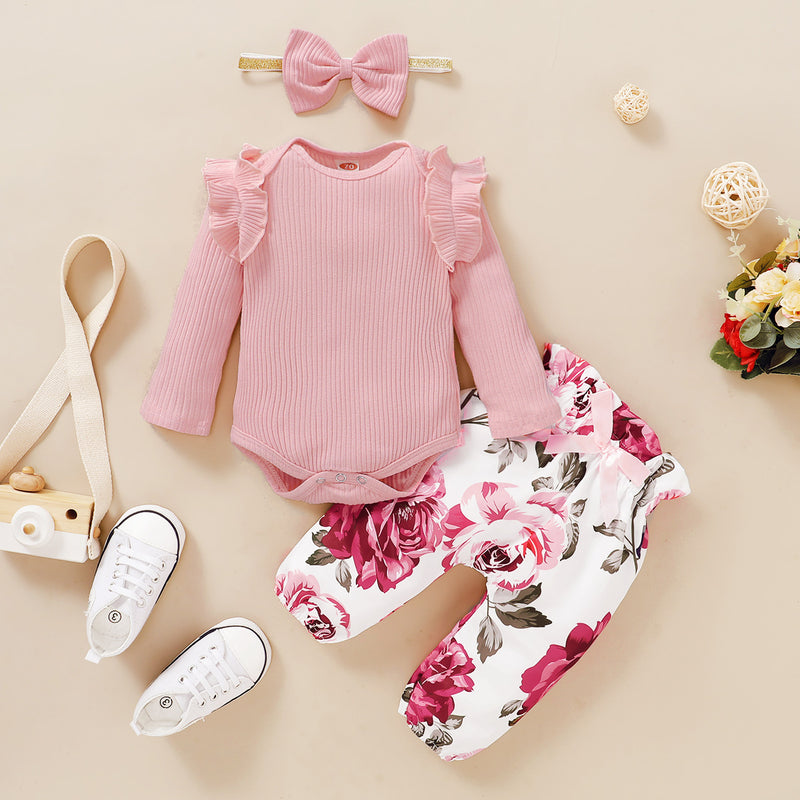 Solid Color Striped Top + Floral Print Trousers Three-piece Suit