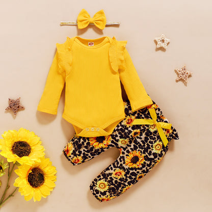 Solid Color Striped Top + Floral Print Trousers Three-piece Suit
