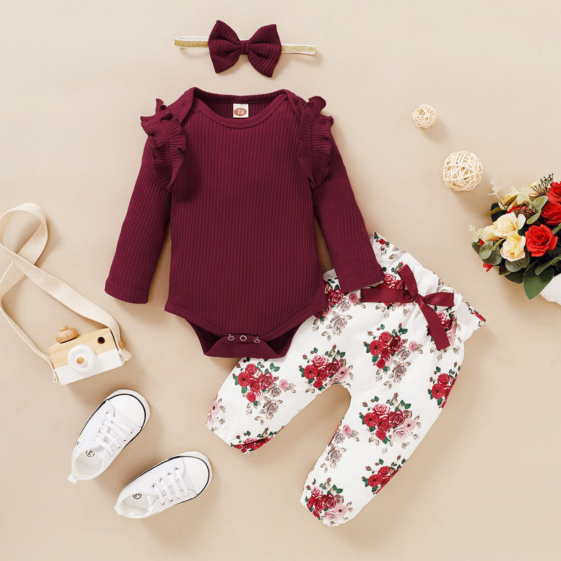 Solid Color Striped Top + Floral Print Trousers Three-piece Suit