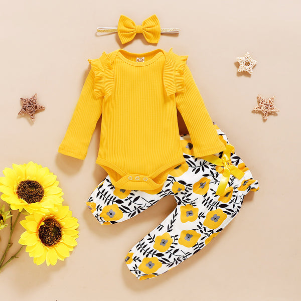 Solid Color Striped Top + Floral Print Trousers Three-piece Suit