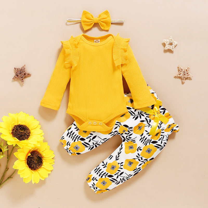 Solid Color Striped Top + Floral Print Trousers Three-piece Suit