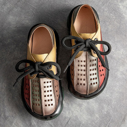 Retro Multicolor Hollow Genuine Leather Platform Sandals