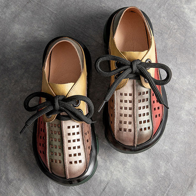 Retro Multicolor Hollow Genuine Leather Platform Sandals