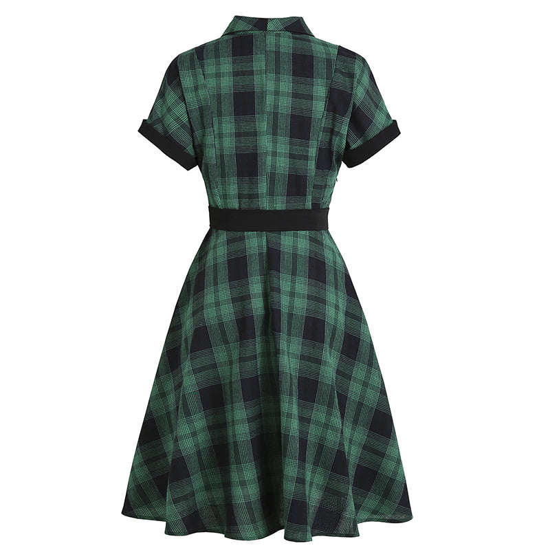 1950s Plaid Lapel Large Swing Dress