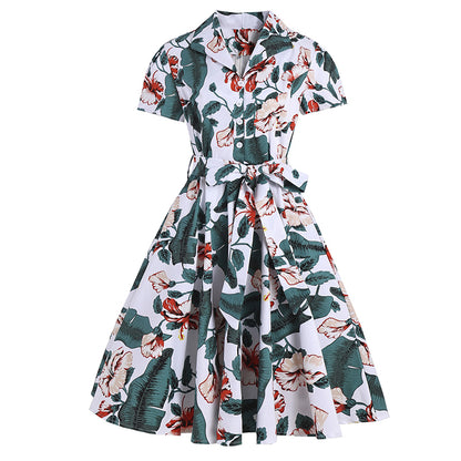 1950s Retro Lapel Flower Print Dress
