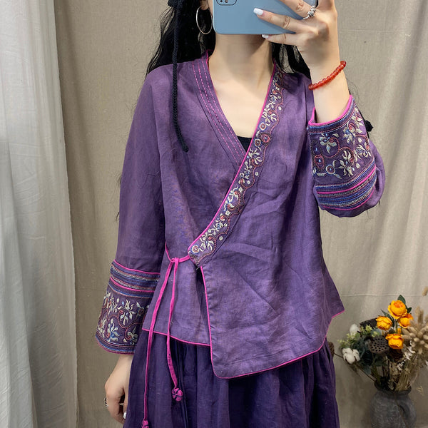 Ethnic Linen Embroidery Long Sleeved Cardigan