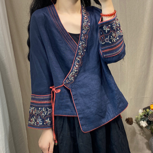 Ethnic Linen Embroidery Long Sleeved Cardigan