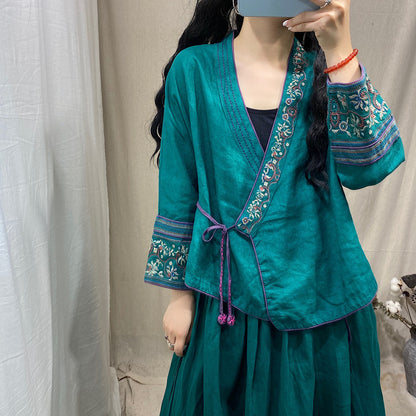 Ethnic Linen Embroidery Long Sleeved Cardigan