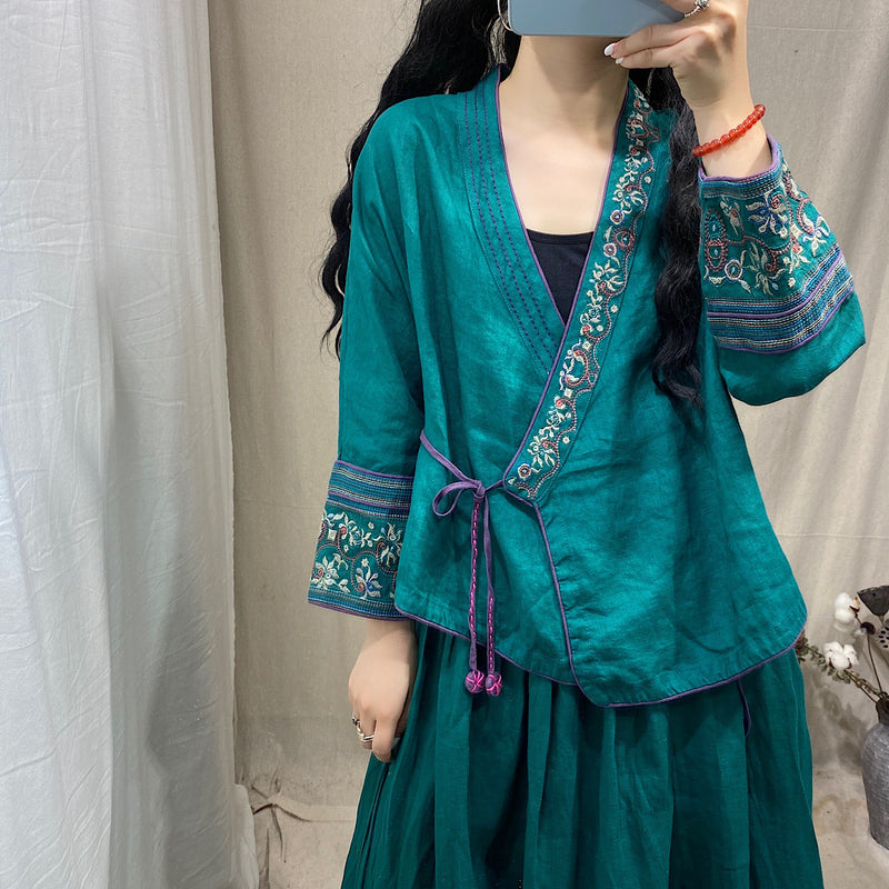 Ethnic Linen Embroidery Long Sleeved Cardigan