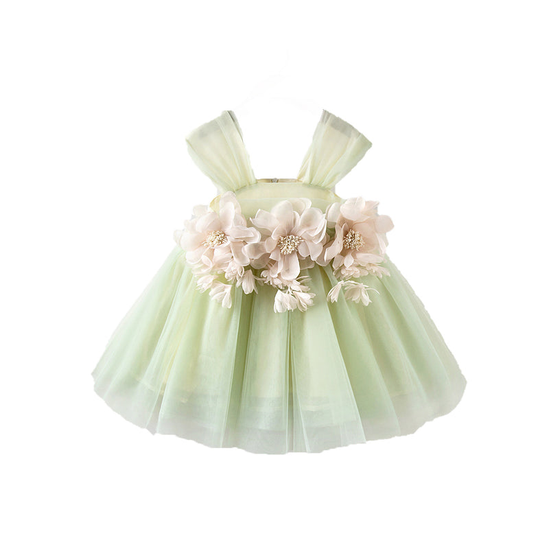 Green Flowers Fluffy Princess Dress